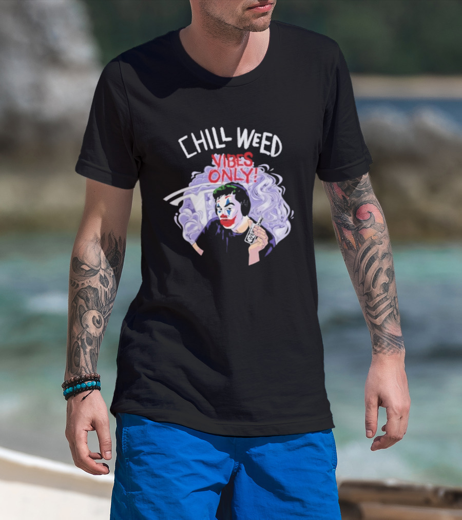 Chill Weed Vibes Only Joker Holding Tesla Symbol Smoke Art T-Shirt