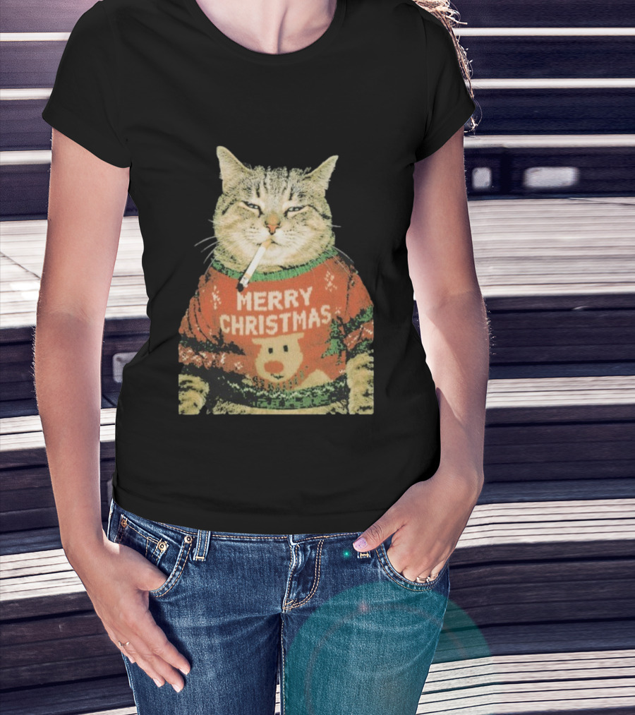 Merry Christmas Cat Sweater Smoking Cat Holiday Bear T-Shirt