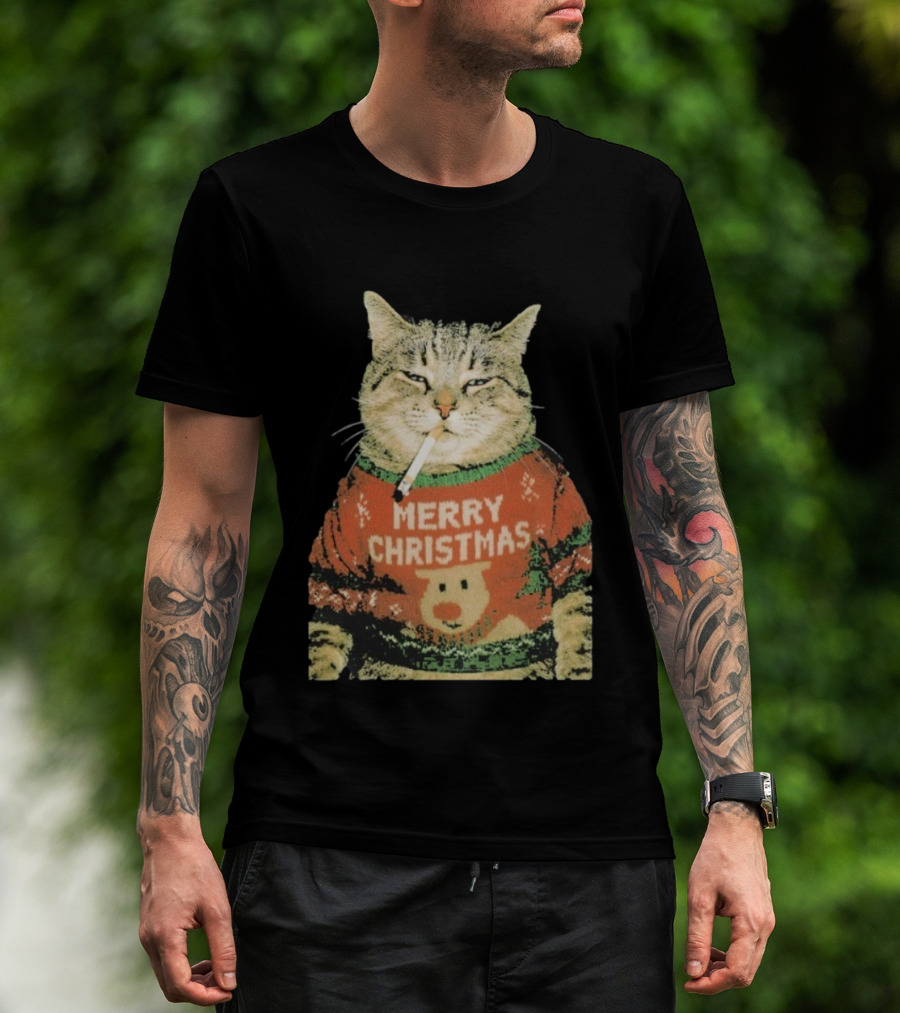 Merry Christmas Cat Sweater Smoking Cat Holiday Bear T-Shirt