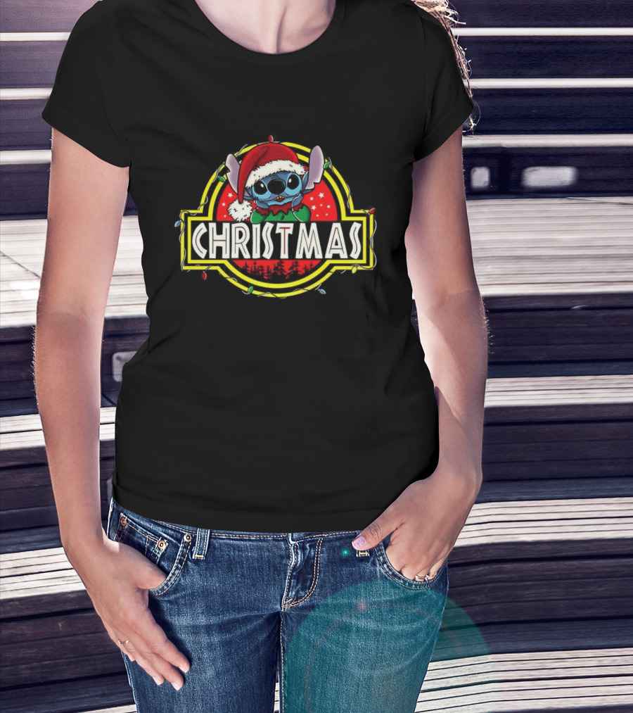 Stitch Santa Hat Ohana Stitchmas Christmas Jurassic Park Theme T-Shirt