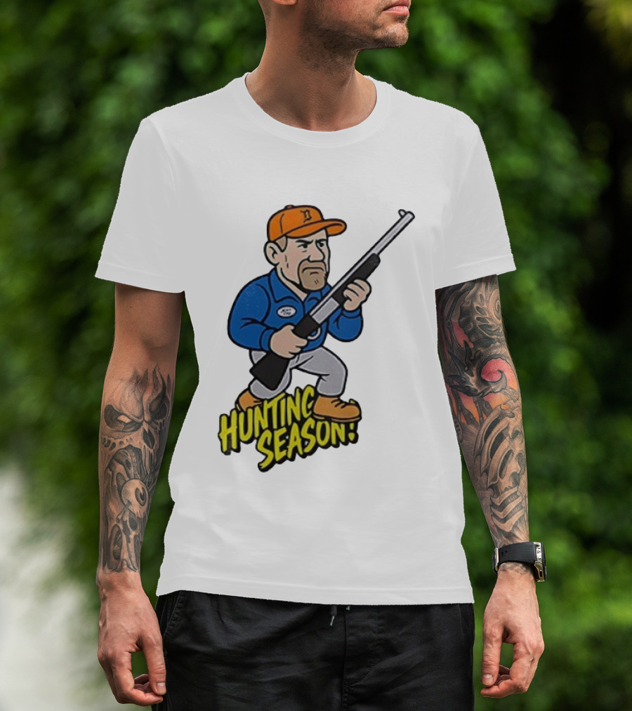 Detroit Lions Hunting Season Cartoon Character With Rifle T-Shirt