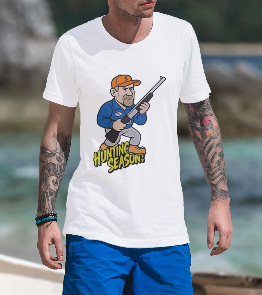Detroit Lions Hunting Season Cartoon Character With Rifle T-Shirt