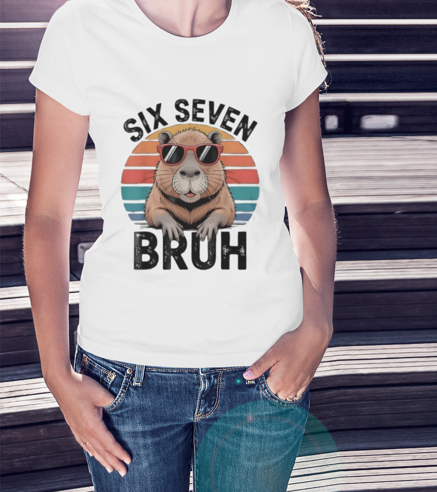 Capybara Sunglasses Meme Sunset Six Seven Bruh Retro T-Shirt