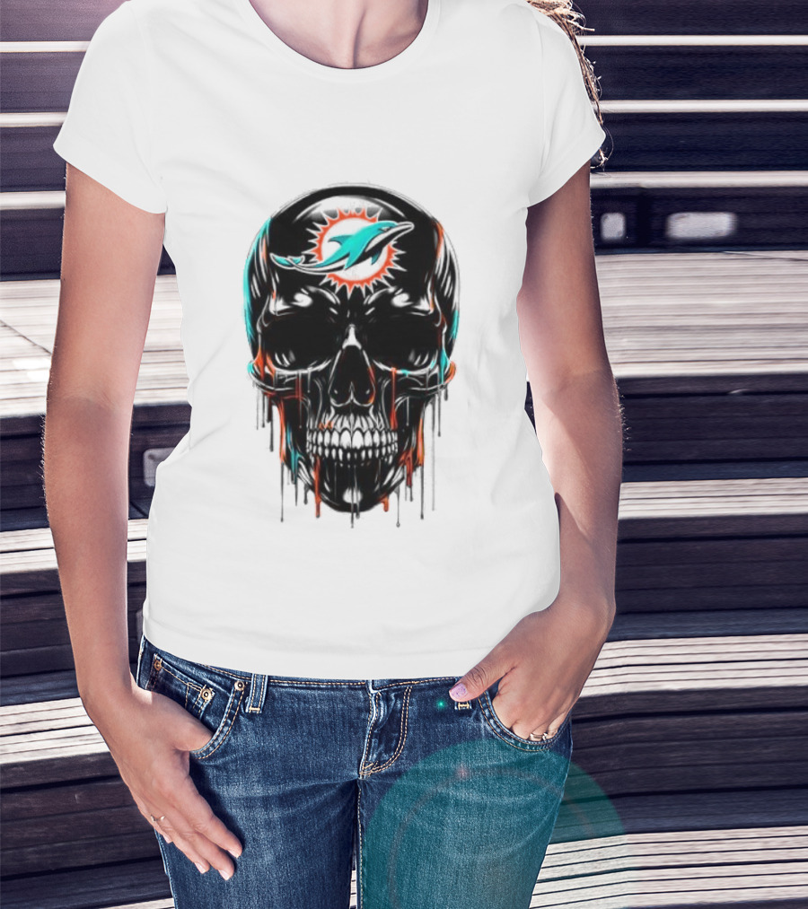 Miami Dolphins Skull Black Art Football Team Skull Fusion T-Shirt