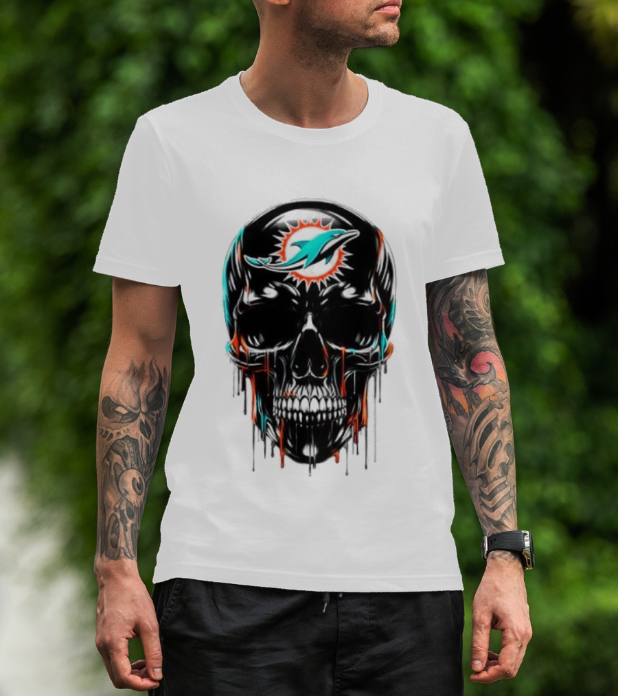 Miami Dolphins Skull Black Art Football Team Skull Fusion T-Shirt