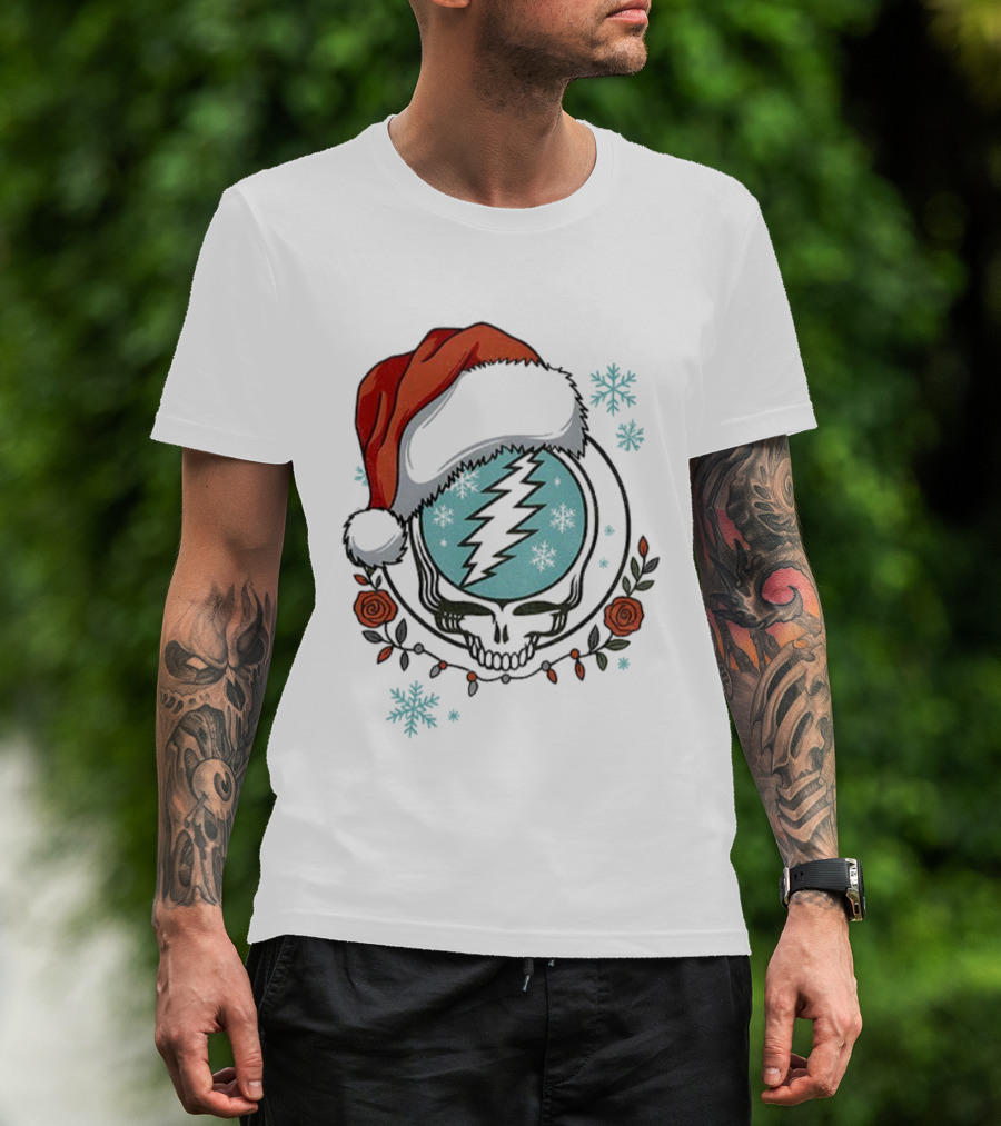 Grateful Dead Steal Your Face Santa Hat Christmas Roses Snowflakes T-Shirt