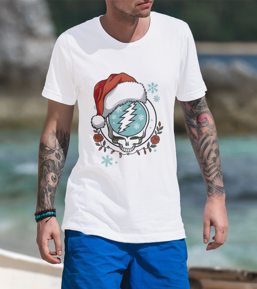 Grateful Dead Steal Your Face Santa Hat Christmas Roses Snowflakes T-Shirt