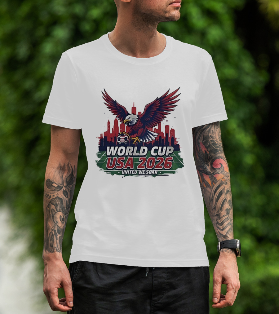World Cup USA 2026 Bald Eagle United We Soar City Skyline Football Field T-Shirt