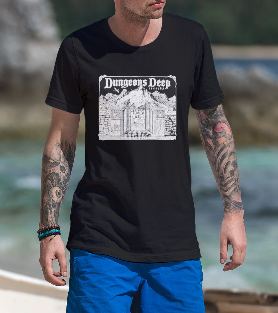 Dungeons Deep Records Fantasy Mountain Gate Adventure Scenic Landscape T-Shirt