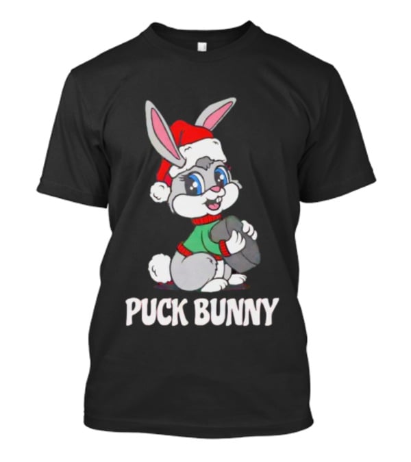 Puck Bunny Christmas Festive Holiday Hockey Rabbit In Santa Hat T-Shirt