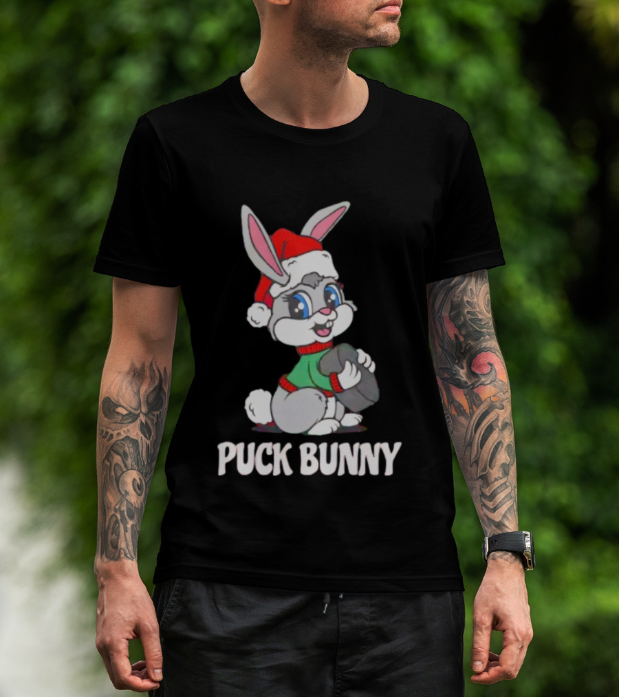 Puck Bunny Christmas Festive Holiday Hockey Rabbit In Santa Hat T-Shirt
