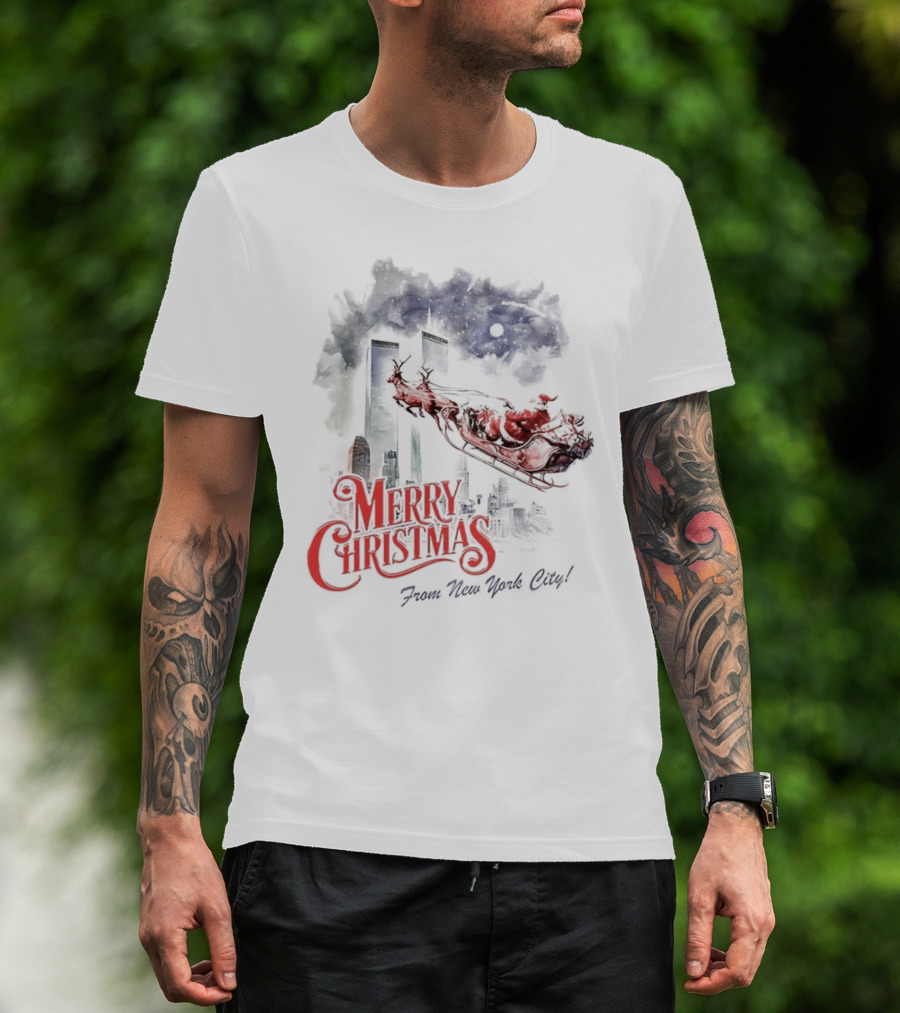 Merry Christmas From New York City Santa And Twin Towers 9 11 Caricature T-Shirt