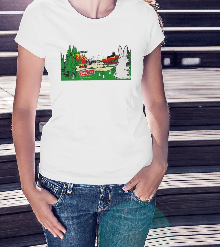 Old Style Pilsner Beer Bière Vintage Cartoon Rabbit Forest Scene T-Shirt