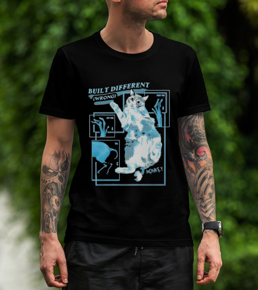 Built Different Wrong Monkey Cat Blueprint Diagram T-Shirt