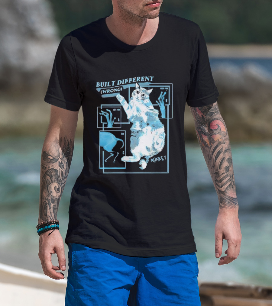 Built Different Wrong Monkey Cat Blueprint Diagram T-Shirt