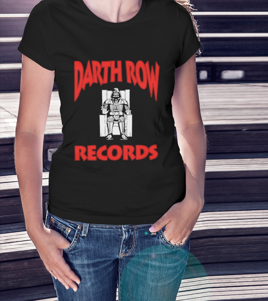 Darth Row Records Sitting Figure Bold Red Text T-Shirt