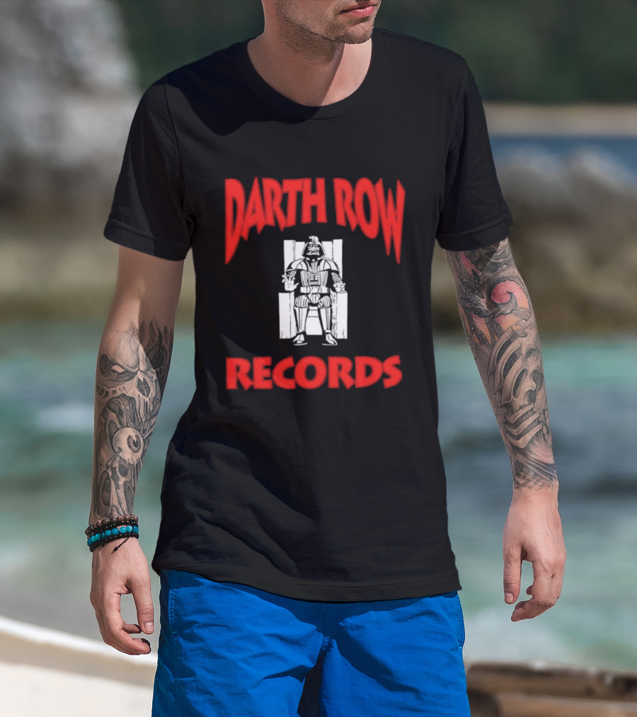 Darth Row Records Sitting Figure Bold Red Text T-Shirt