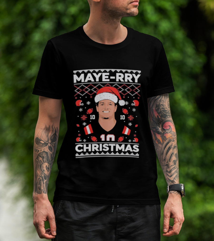Maye-rry Christmas 10 Football Santa Hat T-Shirt