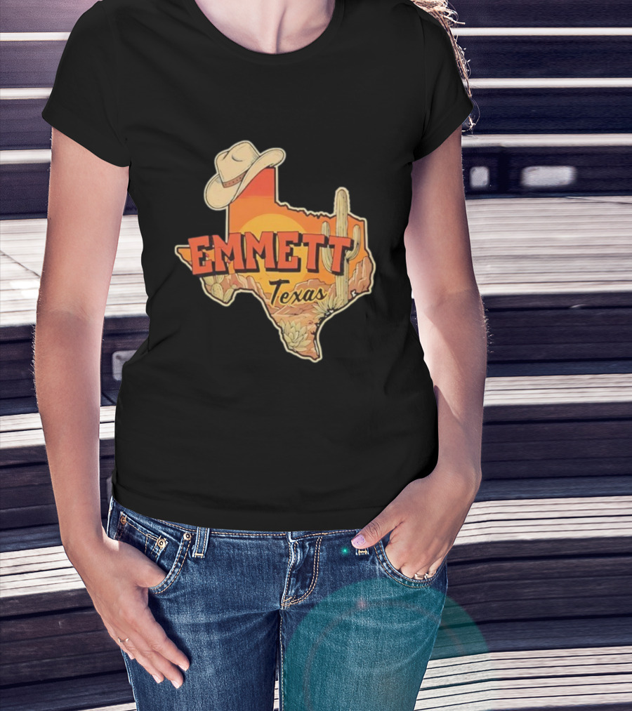Emmett Texas Cowboy Hat Cactus Sunset Vintage Desert Scene T-Shirt