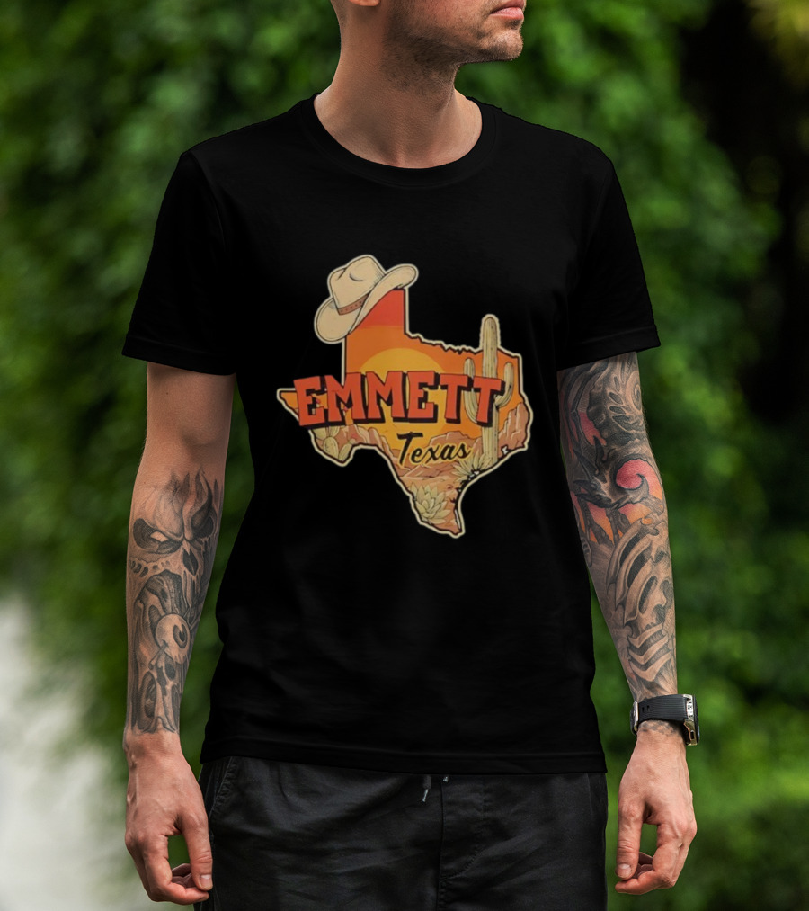 Emmett Texas Cowboy Hat Cactus Sunset Vintage Desert Scene T-Shirt