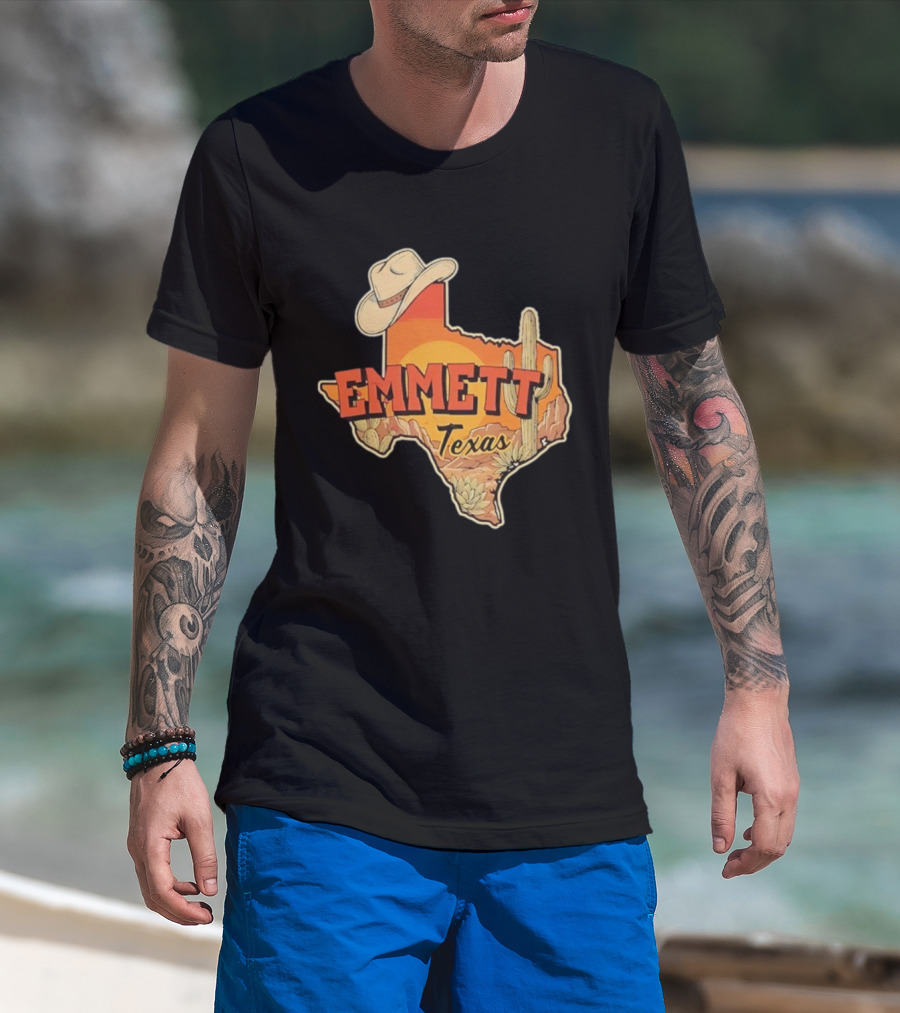 Emmett Texas Cowboy Hat Cactus Sunset Vintage Desert Scene T-Shirt