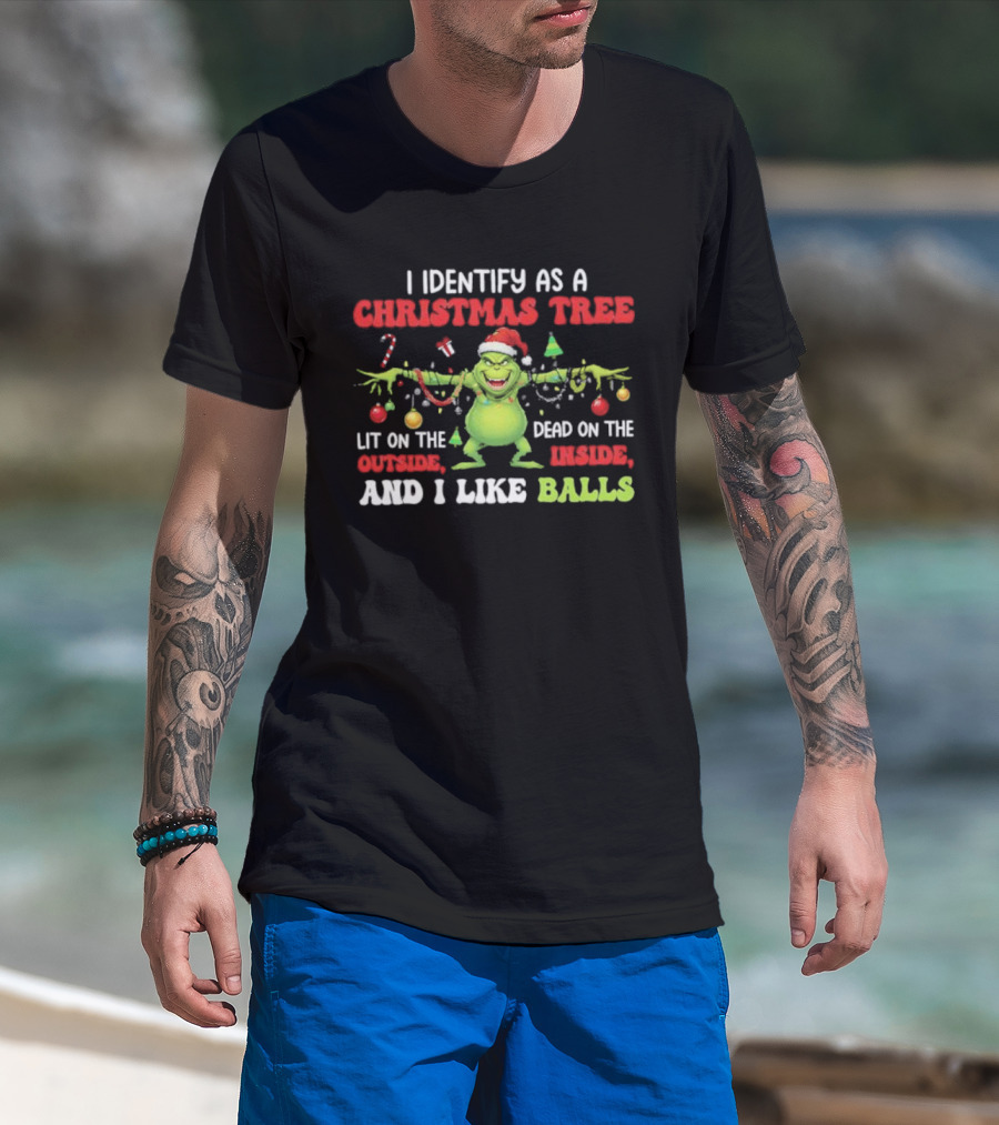 Grinch Christmas Tree Lit Outside Dead Inside I Like Balls T-Shirt