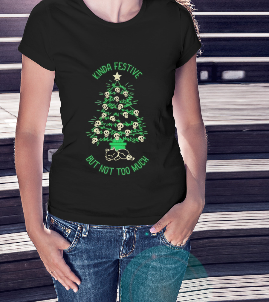 Kinda Festive Skulls Christmas Tree Cat T-Shirt