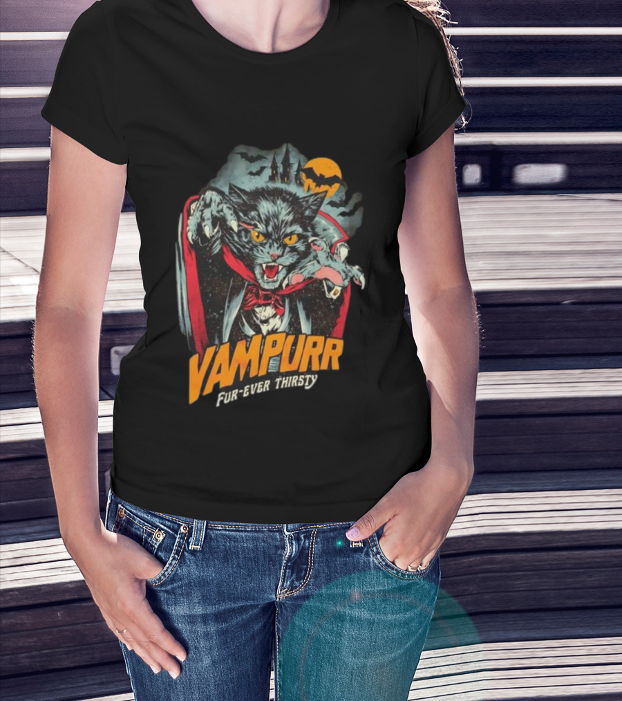 Vampurr Fur-Ever Thirsty Vampire Cat Halloween Moon Bats T-Shirt