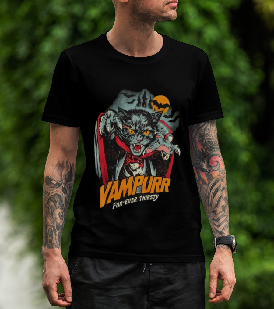Vampurr Fur-Ever Thirsty Vampire Cat Halloween Moon Bats T-Shirt