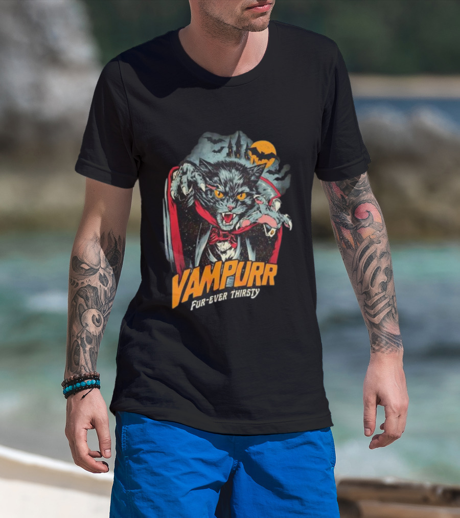 Vampurr Fur-Ever Thirsty Vampire Cat Halloween Moon Bats T-Shirt