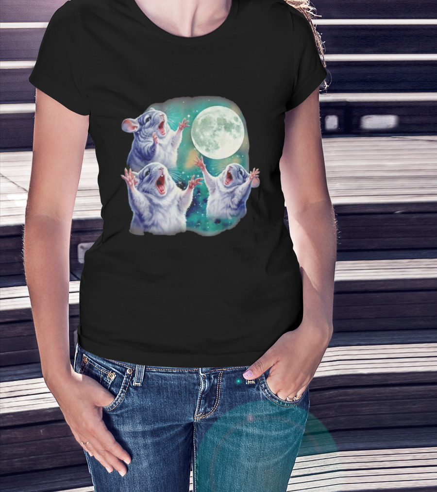 Three Chinchillas Howling At The Moon Cute Animal Meme Funny Rodent Lunar Scene T-Shirt