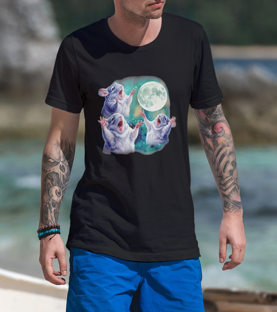 Three Chinchillas Howling At The Moon Cute Animal Meme Funny Rodent Lunar Scene T-Shirt