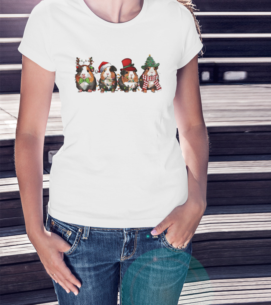 Guinea Pigs In Christmas Reindeer Santa Hats Tree Lights Holiday Theme T-Shirt