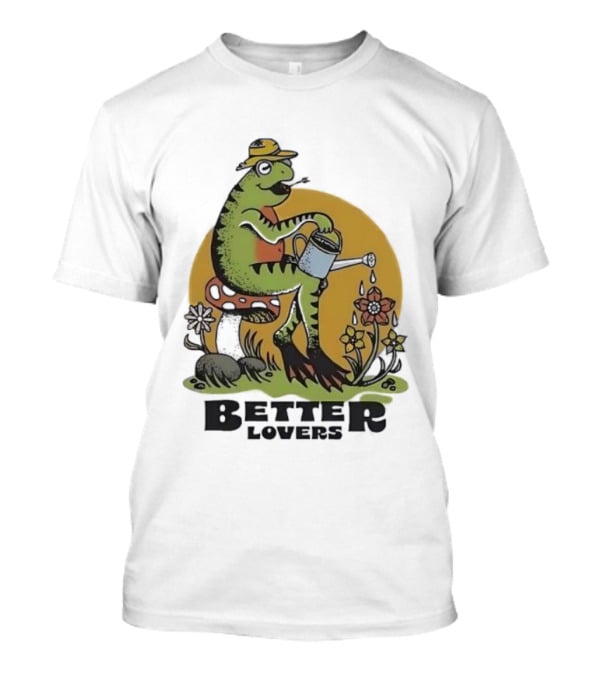 Frog On A Mushroom Watering Flowers Better Lovers Vintage Style T-Shirt