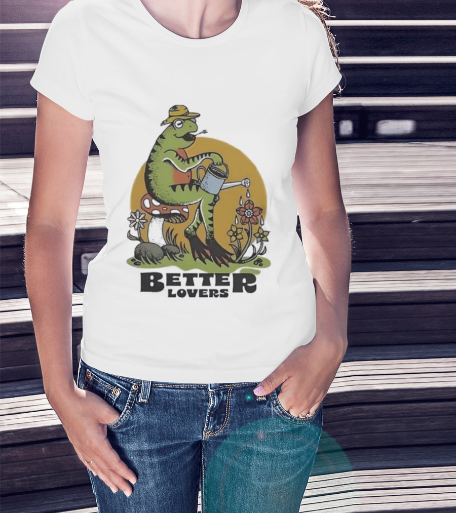 Frog On A Mushroom Watering Flowers Better Lovers Vintage Style T-Shirt