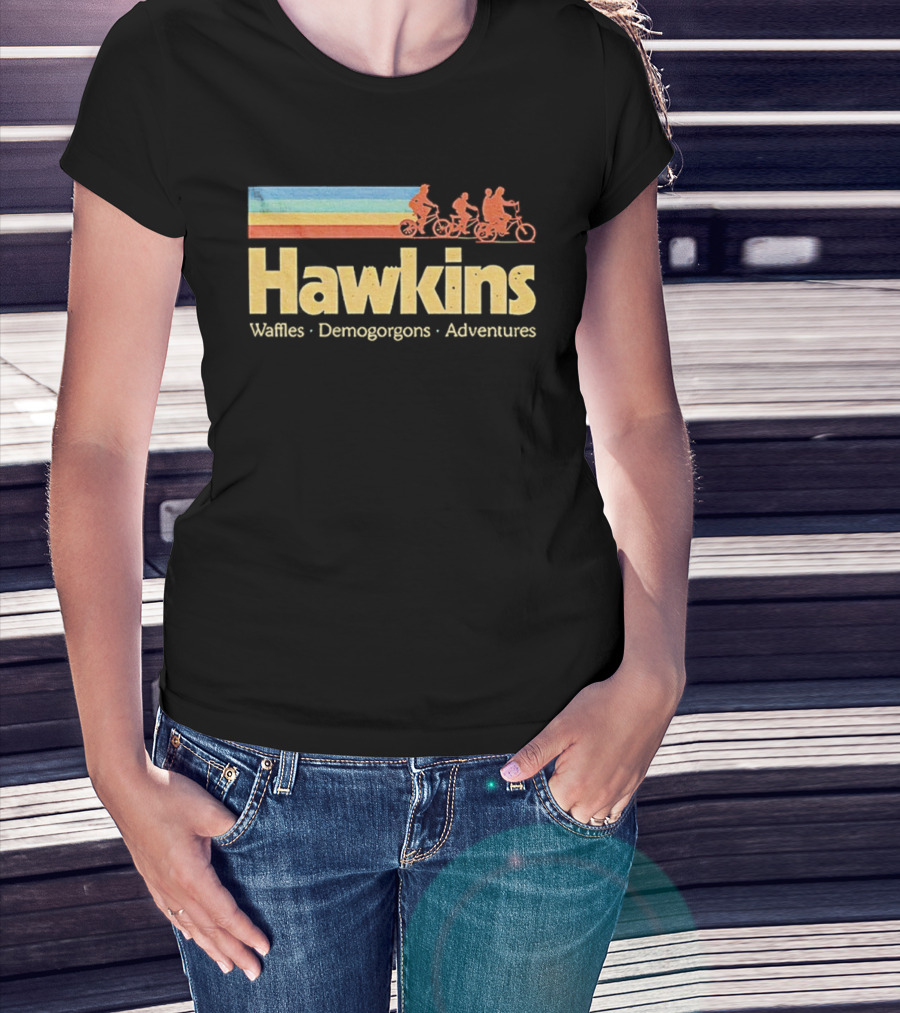 Hawkins Waffles Demogorgons Adventures Retro Stripe Bike Riders T-Shirt