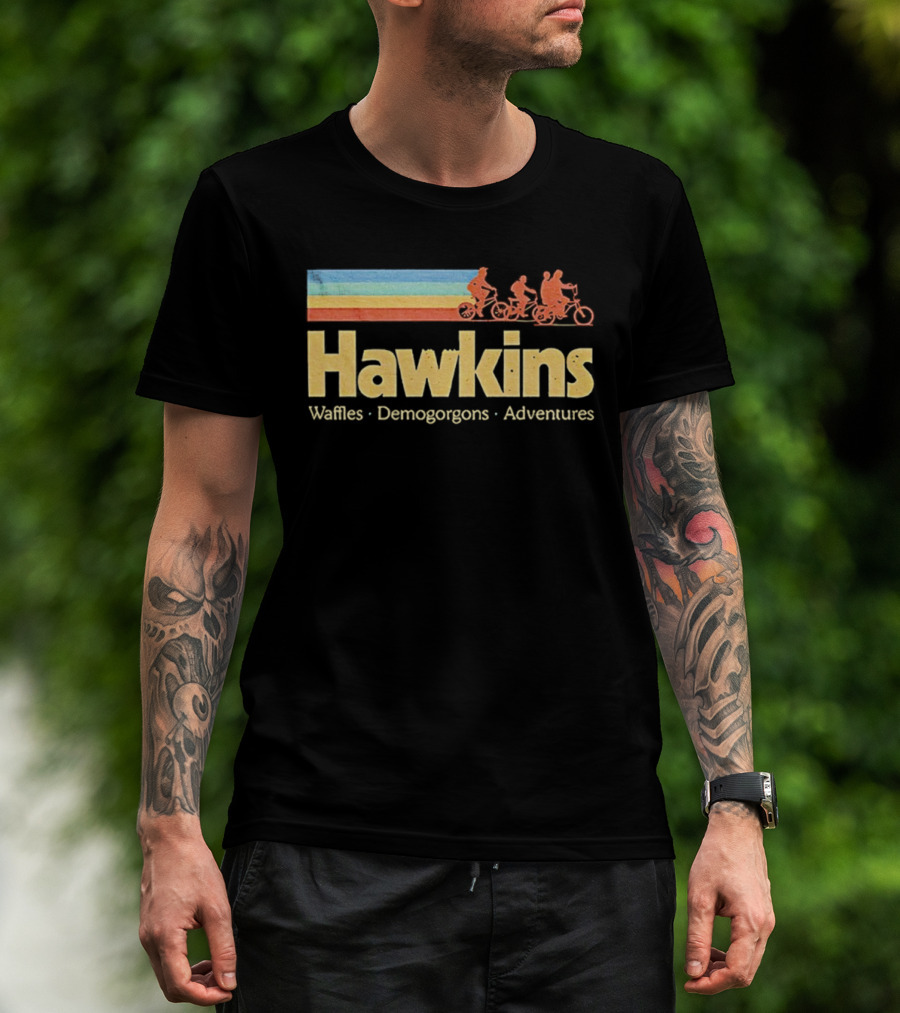 Hawkins Waffles Demogorgons Adventures Retro Stripe Bike Riders T-Shirt