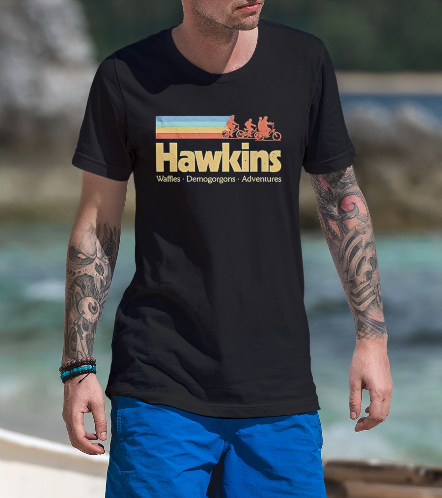 Hawkins Waffles Demogorgons Adventures Retro Stripe Bike Riders T-Shirt