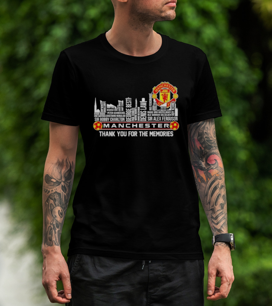 Manchester United Legends Beckham Rooney Sir Alex Ferguson Skyline Thank You For The Memories T-Shirt