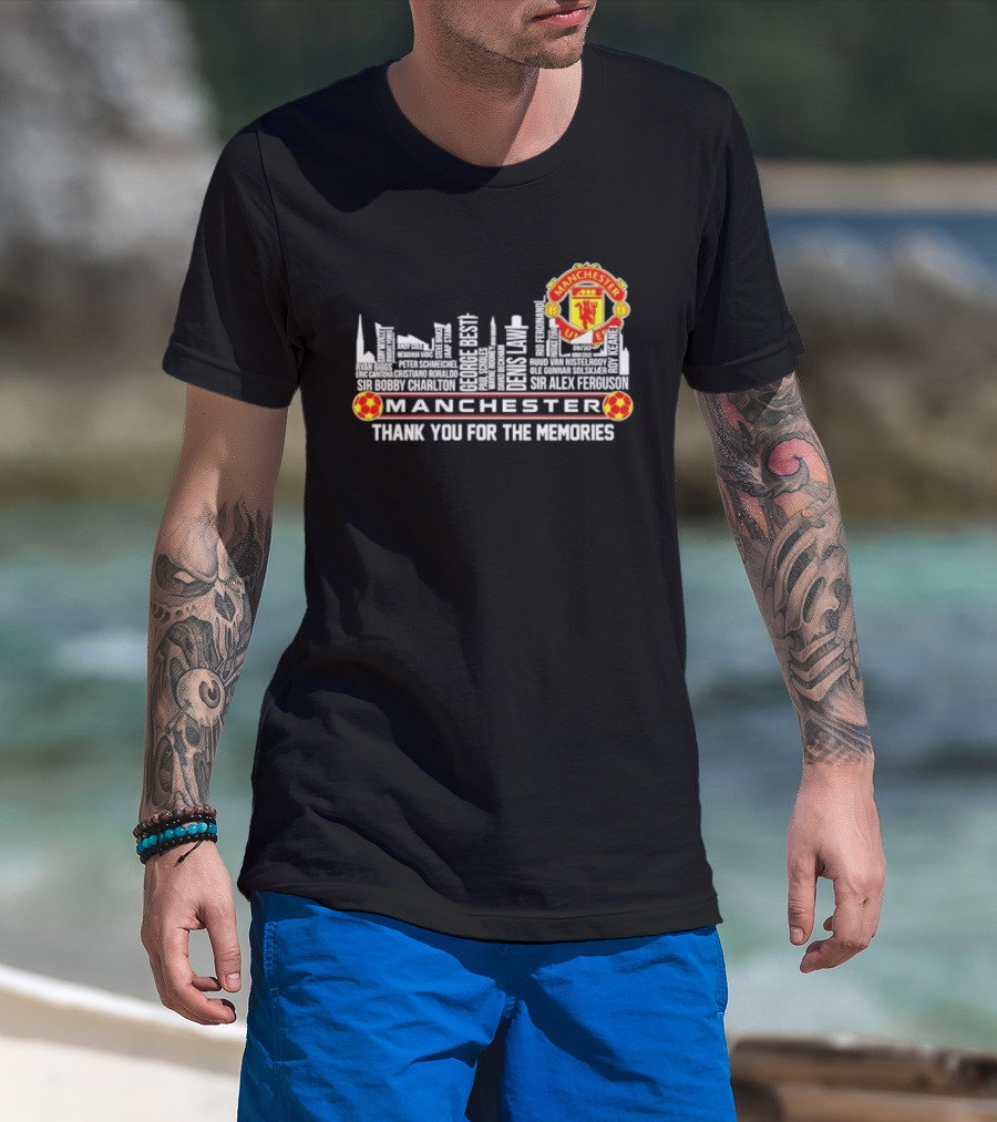 Manchester United Legends Beckham Rooney Sir Alex Ferguson Skyline Thank You For The Memories T-Shirt