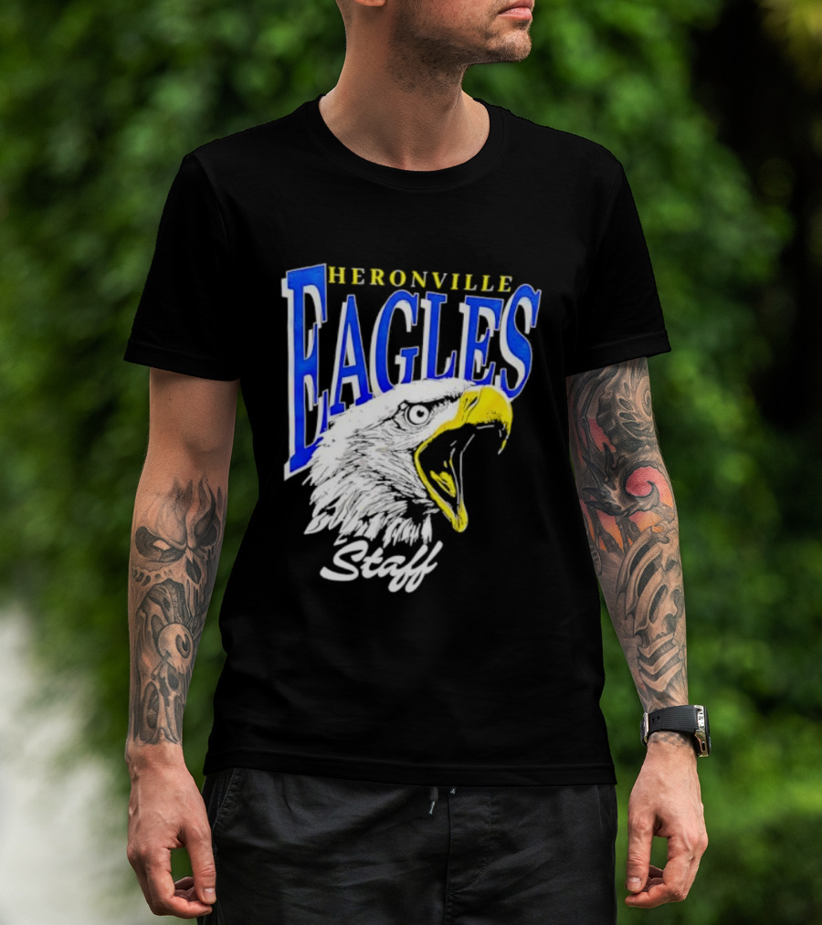 Heronville Eagles Staff Blue Bold Text White Eagle Design T-Shirt
