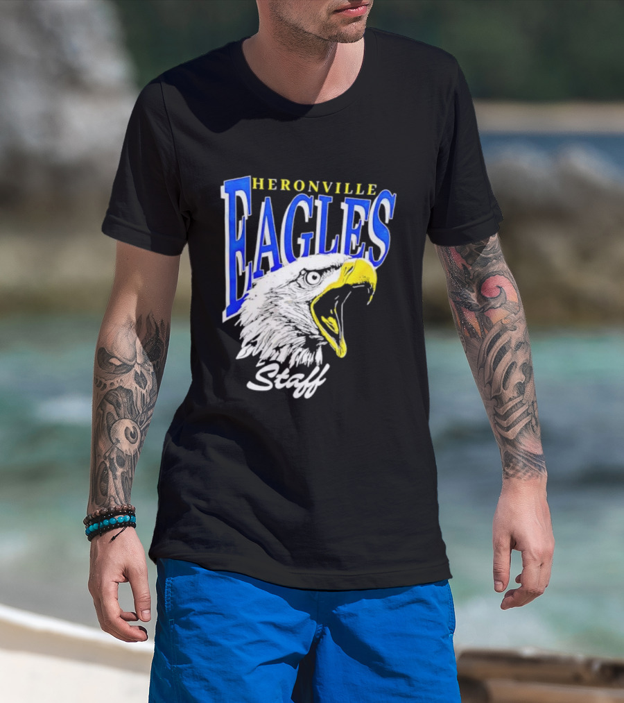 Heronville Eagles Staff Blue Bold Text White Eagle Design T-Shirt