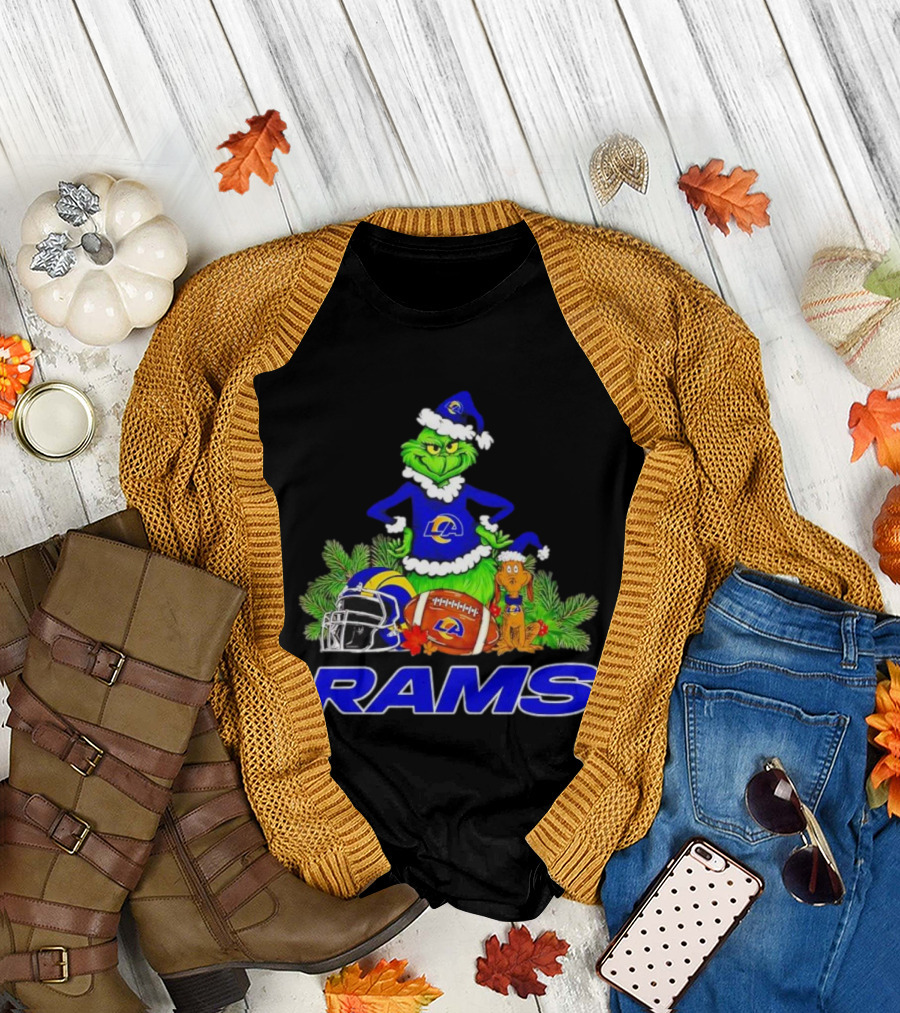 Grinch Max Los Angeles Rams Christmas Football Santa Hat T-Shirt