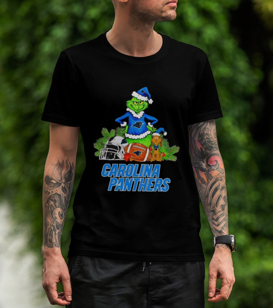 Carolina Panthers Christmas Grinch And Max Football Helmet Holiday T-Shirt