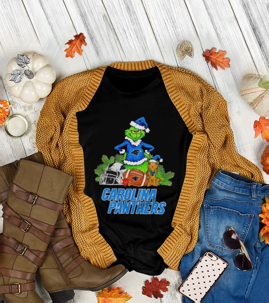 Carolina Panthers Christmas Grinch And Max Football Helmet Holiday T-Shirt
