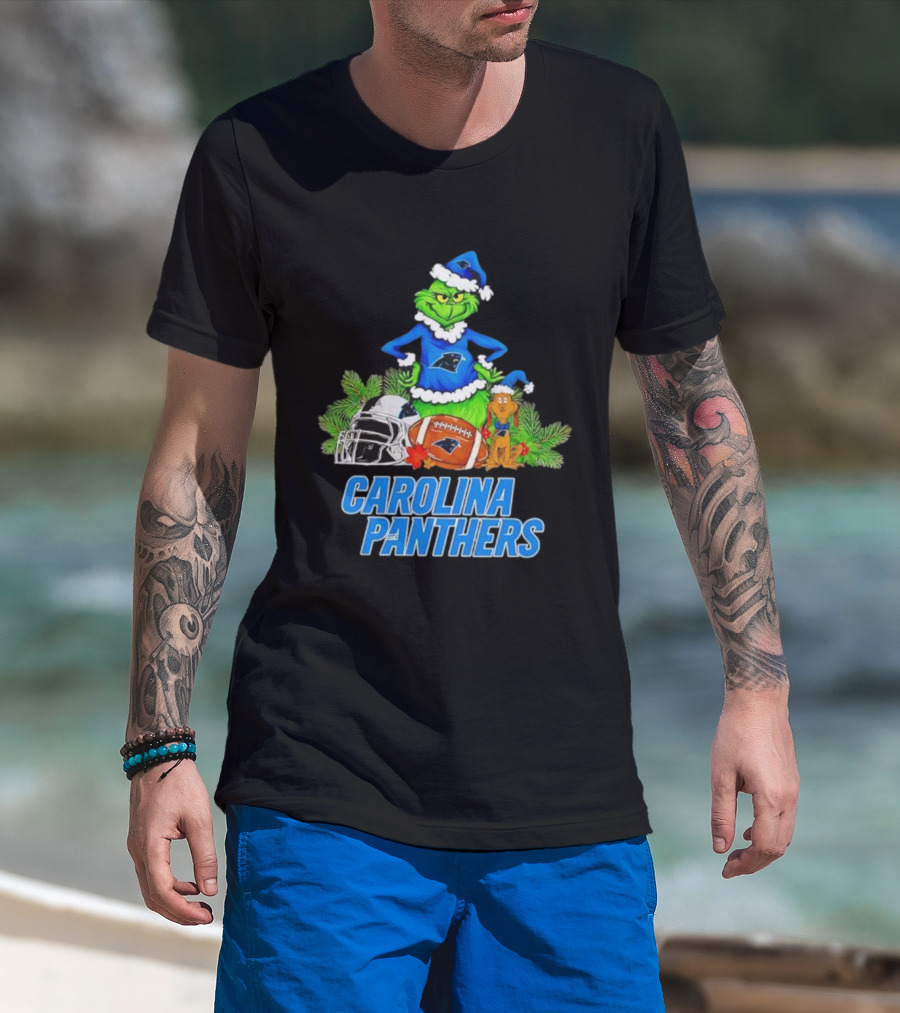 Carolina Panthers Christmas Grinch And Max Football Helmet Holiday T-Shirt