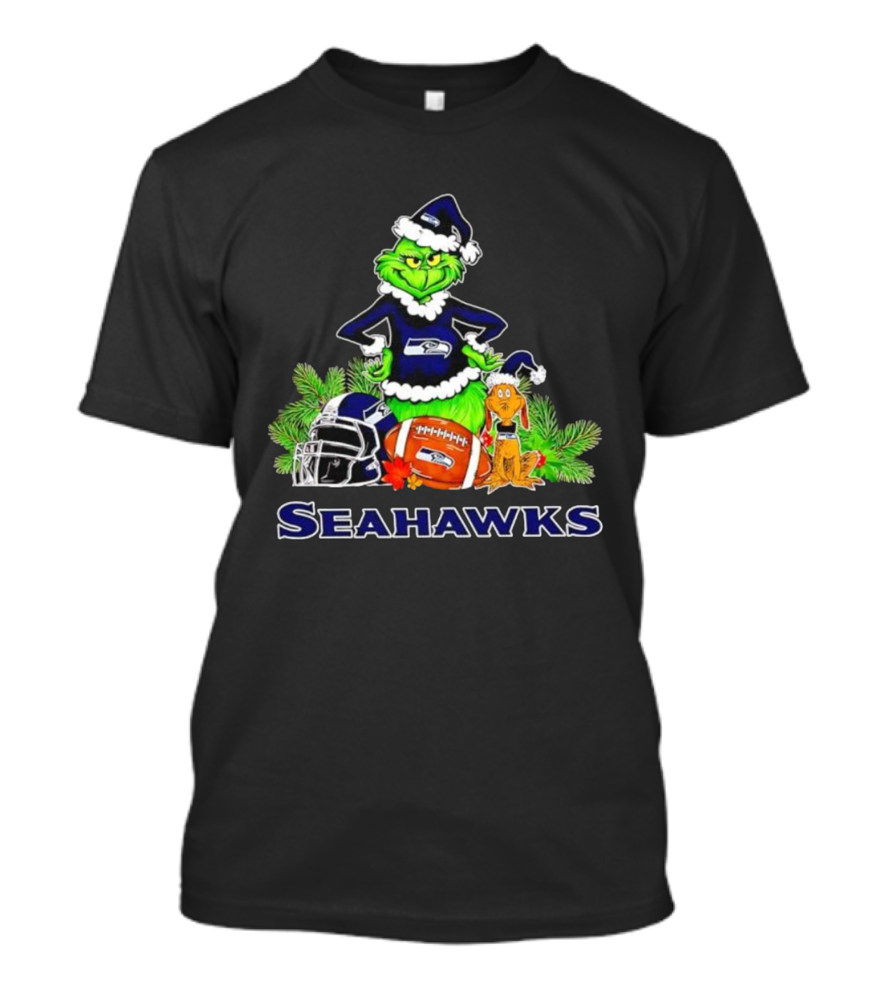 Grinch And Max With Seattle Seahawks Christmas Helmets And Football T-Shirt