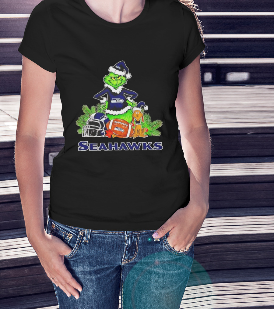 Grinch And Max With Seattle Seahawks Christmas Helmets And Football T-Shirt