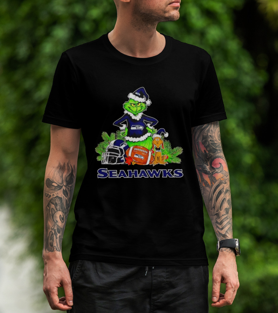 Grinch And Max With Seattle Seahawks Christmas Helmets And Football T-Shirt