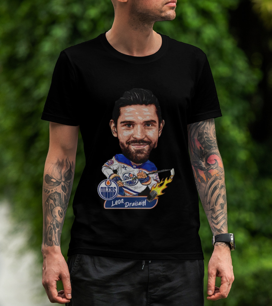 Edmonton Oilers Hockey Leon Draisaitl Caricature Flames Stick T-Shirt
